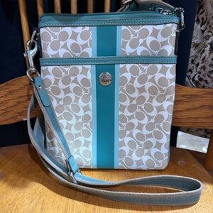 Coach Monogram Leather Teal Heritage Stripe Swingpack Crossbody